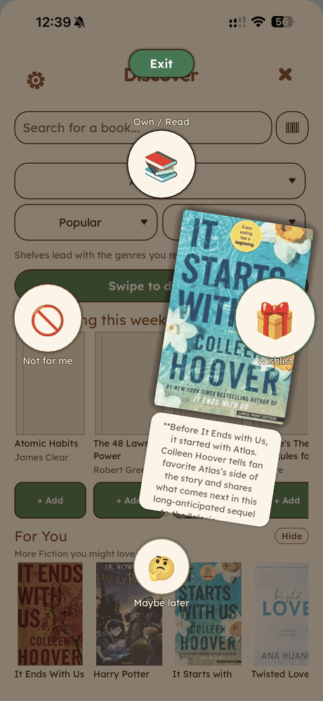 Swiping through book recommendations