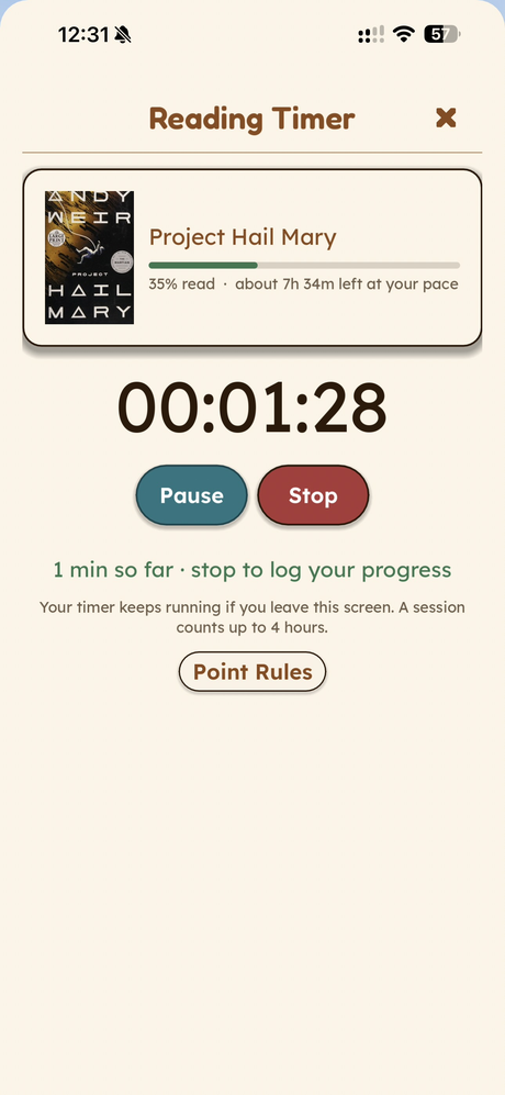 The reading timer running on a book
